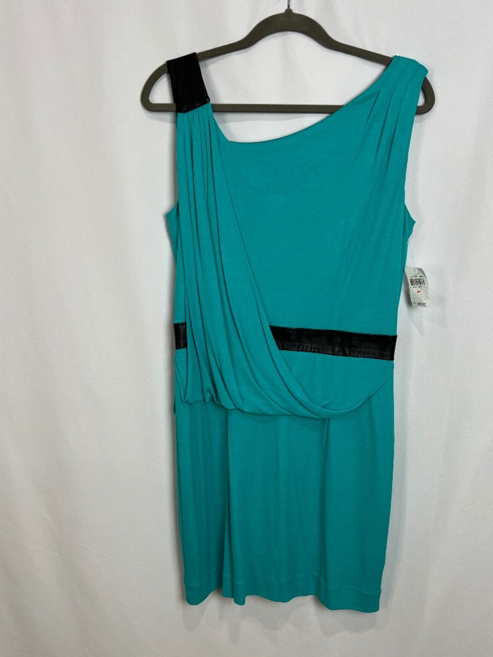 Milly Aqua Iris Jersey Dress Side Draped Leather Trim Size L NWT